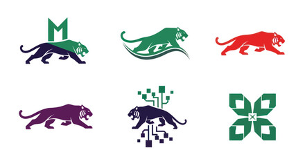 Vector graphic featuring six stylized animal illustrations, depicting tigers, with various design elements