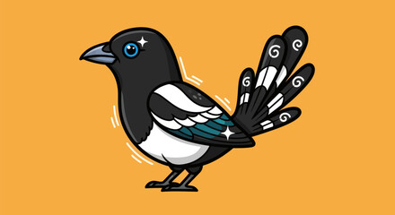 Cartoon magpie with black, white, and teal plumage, on an orange background