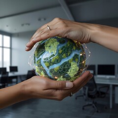 Hands cradle a glowing miniature world with green foliage and blue waterways