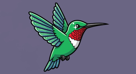 Cartoon hummingbird illustration in flight, featuring green, blue, red, and white