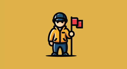 Cartoon figure in outdoor attire holds a pole with red flags on a warm yellow background