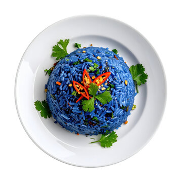 Traditional nasi kerabu with salted egg and fish crackers, beautifully cooked and isolated on white background for menus