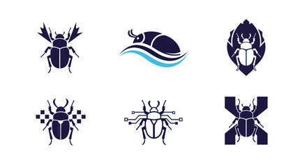 Six stylized insect emblems in shades of blue. The insects have varying wing and body shapes © Sendal