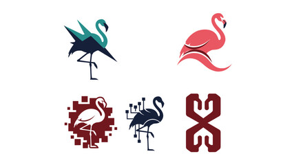 A graphic collection of six flamingo designs in diverse styles and colors on a white background