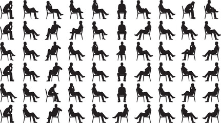 Extensive vector collection of diverse male and female silhouettes sitting in chairs, showing various postures, including crossed legs, representing large audience or formal gathering vector.