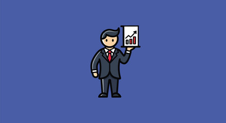 A cartoon businessman in a suit holds a chart with upward trend on a blue background