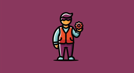 Illustration of a cartoon character holding a gear. He wears vest and has a small design