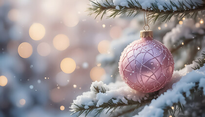 pink christmas ball on tree. holiday background
