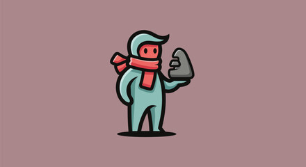 Obraz premium Cartoon character in a light blue onesie, holding a gray shape, wearing a red scarf