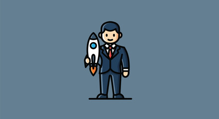 Cartoon businessman in suit holding a rocket on a blue background