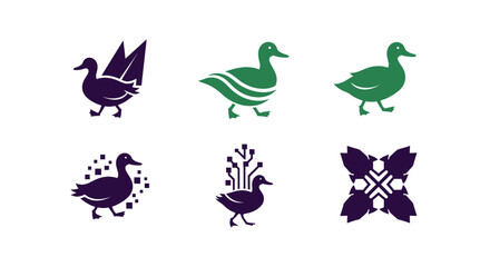 Six minimalist duck designs in green and purple, some with abstracted elements