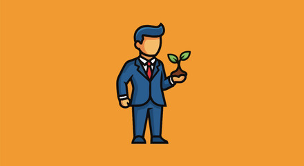 A cartoon businessman in a blue suit holds a plant on an orange background