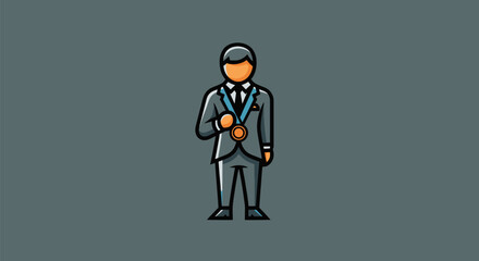 A stylized illustration of a man in a suit, holding a medal, standing on a grey background