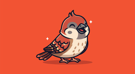 A cheerful cartoon sparrow with reddish-brown feathers and a happy expression on an orange background