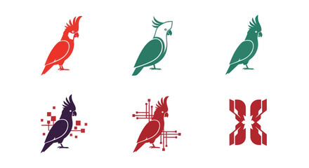 Six colorful parrot logos featuring variations and tech elements against a white background