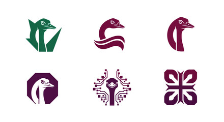 Six stylized avian logos in varying designs, each depicting a bird's head and neck