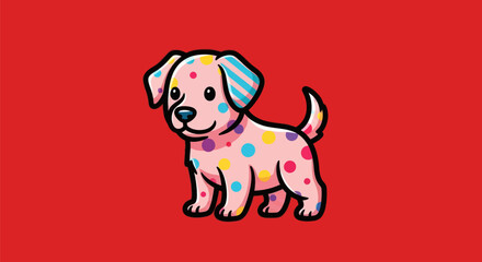 A cartoon dog with pink fur, multicolored spots, and striped ears, set against a red background