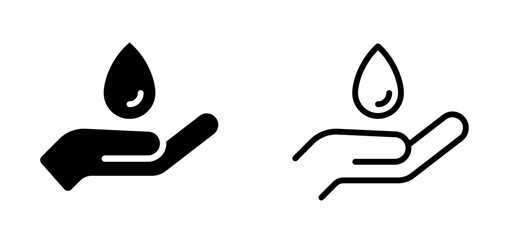 Water droplet and hand icon. Liquid drop