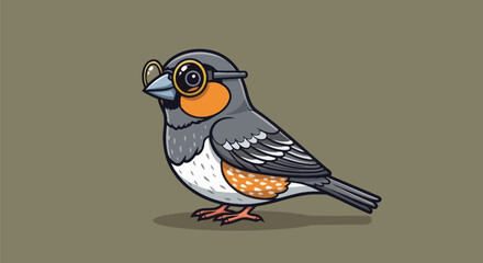 A stylized bird with glasses poses, showcasing orange, gray, and white feathers. Brown background