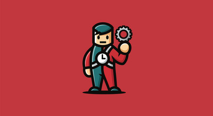 A cartoon figure, two-toned suit, holding a gear and a clock emblem, on a red background