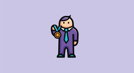 A cartoon figure in a purple suit, tie, holding a gold medal. Light purple background