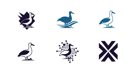 A collection of bird logos, featuring different albatross illustrations with various backgrounds