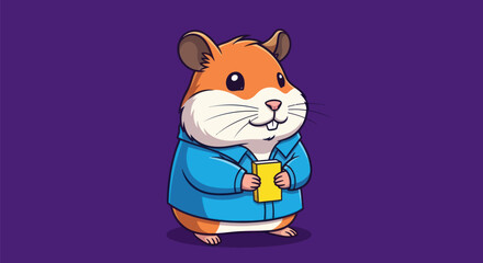 Cartoon hamster wearing blue jacket holding a yellow book on a purple background