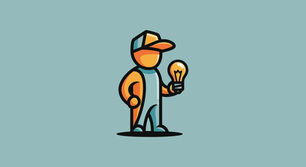 A stylized character in overalls and cap holds a glowing lightbulb on a teal background