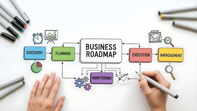 Business roadmap diagram illustrating the key stages of strategic planning and project execution from discovery to improvement - Powered by Adobe