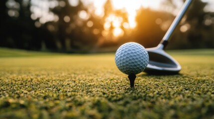 Golf ball perched on wooden tee on course at sunset