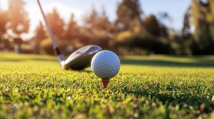 Golf ball perched on tee with club ready to strike