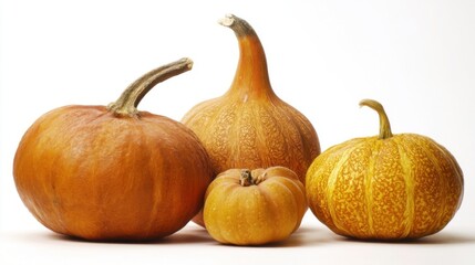 A group of pumpkins in various sizes and colors, featuring orange and yellow hues with unique skin patterns,