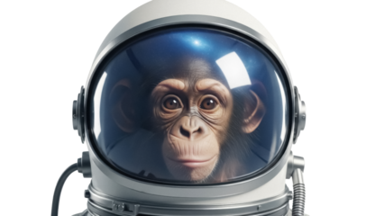 Chimpanzee astronaut in space helmet PNG isolated on transparent background, cute monkey cosmonaut for kids design