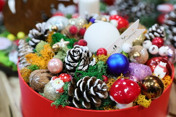 Colored decorations for Christmas tree, Christmas and new year celebration sold at a Christmas market.
