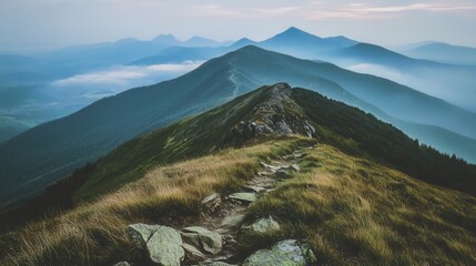 Grassy Mountain Ridge Path with Layered Rock Textures