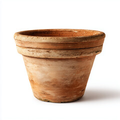 clay flower pot with a rounded rim on white background