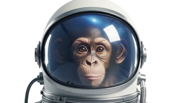 Chimpanzee astronaut in space helmet PNG isolated on transparent background, cute monkey cosmonaut for kids design