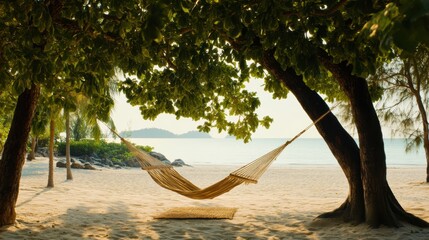 Hammock hanging between trees on a sandy tropical beach