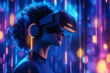 Young person wearing virtual reality headset immersed in vibrant neon digital cyberspace with glowing lights