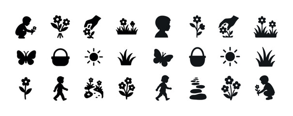 Silhouette icons of children, nature, and garden elements