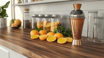 Home bar setup with oranges, cocktail shaker and ingredients