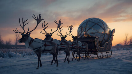 Eight Reindeer Pull Sleigh with Geodesic Dome at Sunset