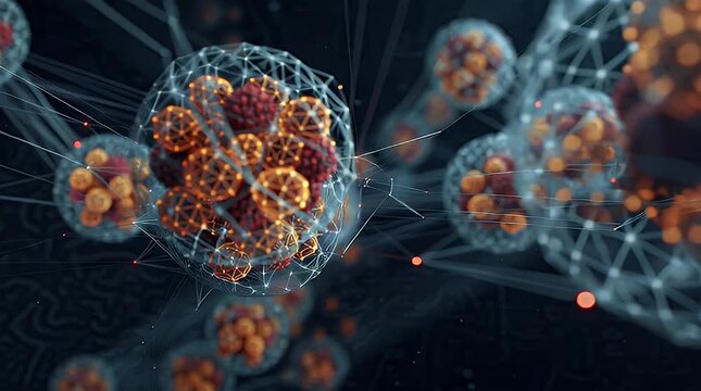 Dynamic cellular structure animation with glowing connections for science and medicine research, conveying innovation and discovery in a modern style