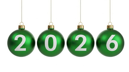 Four shiny green Christmas baubles hanging on strings with the white numbers 2026 isolated on a pure white background