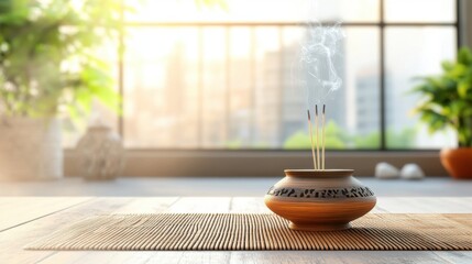 Incense Holder Emitting Soft Smoke Near Window