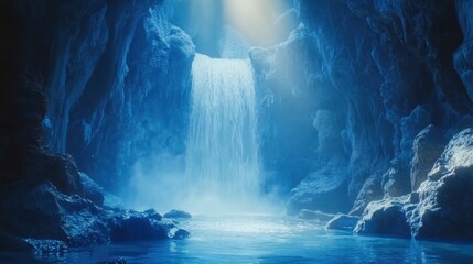 Majestic Waterfall Flowing in a Blue Cave