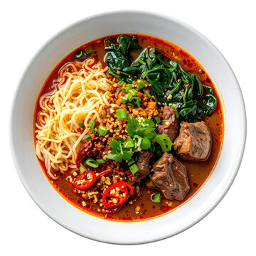 Rad na, thai wide rice noodles in a thick savory gravy with broccoli and meat, isolated on white background for a clean and comforting stock photo