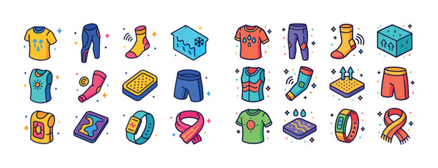 Fototapeta premium Colorful icon set of clothing and accessories with weather and f