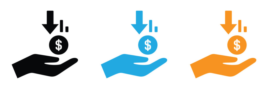 Money decrease icon set. Cost reduction icon with a hand receiving a coin representing a price drop a financial refund a business rebate or a decrease in income vector solid glyph icon. 