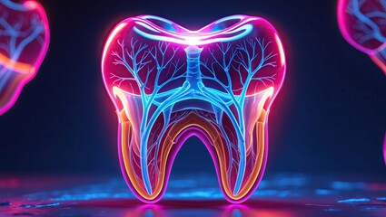 &ldquo;Digital cross-section of tooth with neon anatomy &mdash; AI-generated&rdquo;